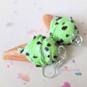 Mint Chocolate Chip Ice Cream Cone Earrings, Miniature Food Jewelry, Inedible Jewelry, Kid's Jewelry, Ice Cream Jewelry, Dessert Jewelry