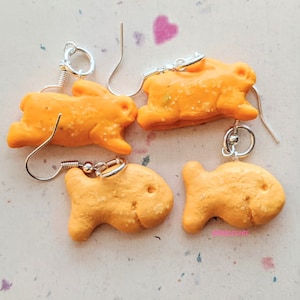 Favorite Snack Crackers Earrings, Miniature Food Jewelry, Inedible Jewelry, Kid&#39;s Jewelry, Bunny Crackers Jewelry, Fish Crackers Jewelry