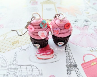 Sweethearts Conversation Cupcake Earrings, Miniature Food Jewelry, Inedible Jewelry, Valentine's Day, Gift for Her, Dessert Jewelry, Cupcake