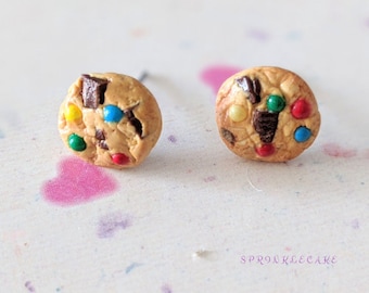 Candy Chocolate Chip Cookie Stud Earrings, Miniature Food Jewelry, Inedible Jewelry, Cookie Jewelry, Candy Earrings, M&M Cookie Earrings