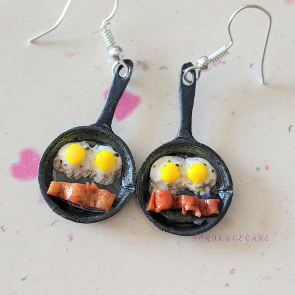 Bacon and Eggs Skillet Earrings, Miniature Food Jewelry, Inedible Jewelry, Breakfast Food Jewelry, Bacon Jewelry, Fried Eggs Jewelry, Kawaii