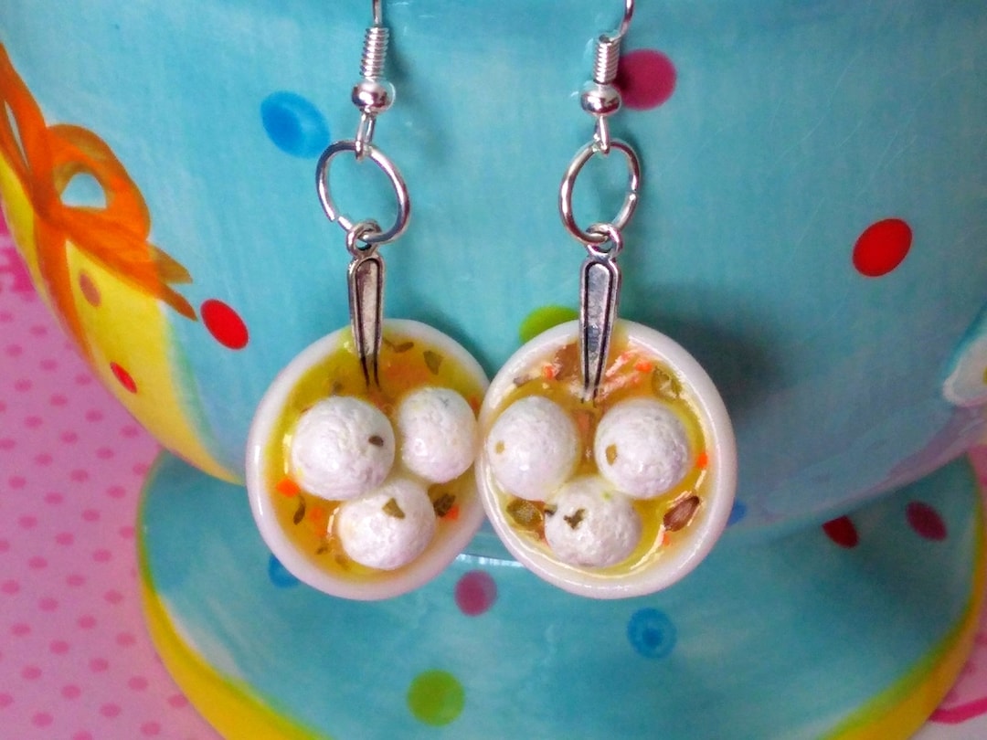 Matzo Ball Soup Earrings, Miniature Food Jewelry, Jewish Food Jewelry, Inedible Jewelry, Passover Jewelry, Matzah Ball Soup Earrings, Kawaii
