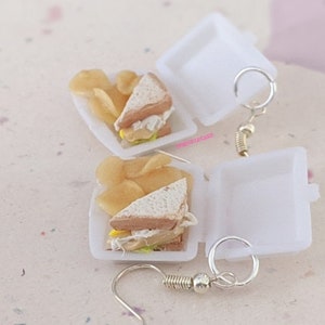 Half Turkey Sandwich and Chips Lunch Takeout Earrings, Miniature Food Jewelry, Inedible Jewelry, Turkey Sandwich Earrings, Fake Potato Chips