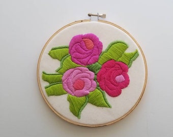 Pink Roses Embroidery Hoop Art 6 Inch Hoop