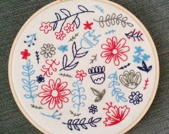 Floral Folk Art Embroidery in Red, Blue, Gray, Hoop Art, Embroidery Art, Hand-Stitched Embroidery, Modern Embroidery 6 inch Hoop