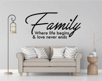 Family Where life begins and love never ends Vinyl Wall Decal Sticker Kitchen Living Room Dining Room Bedroom Many Colors Custom Art