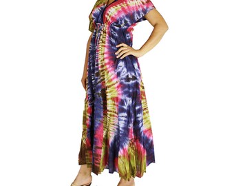 New Tropical ColorfulTie Dye Cotton Boho Hippie Maxi Kimono Summer Beach Sundress (TD 35)