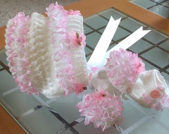 Baby Knitting Patterns - Hot Pink Sundae Bonnet and Shoes 0-6mths