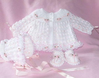 Baby Knitting Patterns ref:04, Matinee Coat, Bonnet and Shoes 0-3mths