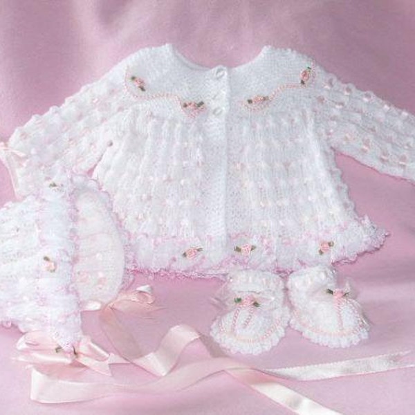 Baby Knitting Patterns ref:04, Matinee Coat, Bonnet and Shoes 0-3mths