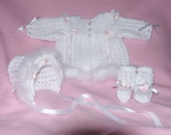 Baby Knitting patterns Ref07 Matinee Coat, Bonnet and Booties size 0-3mths