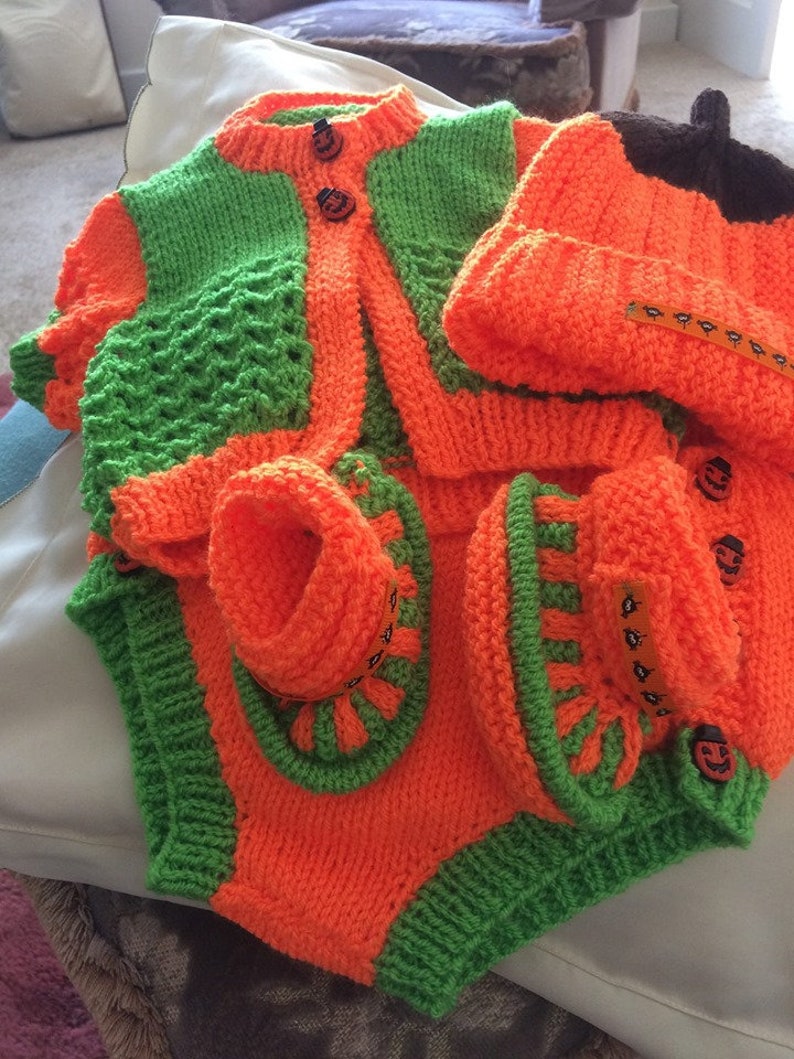 Baby Knitting Patterns Halloween Cardi, Hat, Booties, Nappy Cover 3-9mths image 2