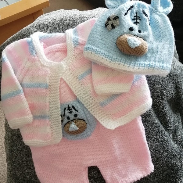 Baby knitting pattern "Tatty Bear Grayson" Romper, Cardi and Hat size 6-9MTHS