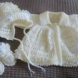 Baby Knitting patterns 'Chloe' Lemon Matinee Coat, Bonnet, Shoes  0-3 and 3-6mths