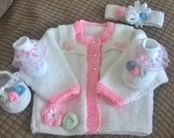 Baby Knitting Patterns Rosebud Cardi, hairband and ballet shoes 0-3 and 3-6mths