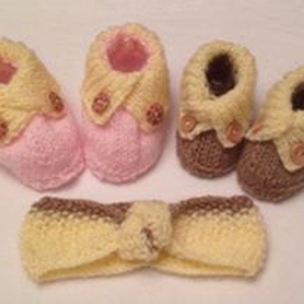 Baby Knitting Patterns Crossed Cuffed Shoes with matching Knotted Hairband - 0-6mths