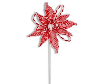 Snowy Glitter  Red White Poinsettia Floral Pick , Peppermint Christmas Holiday Pick, Wreath supply, Centerpiece floral, Candy Cane Accents