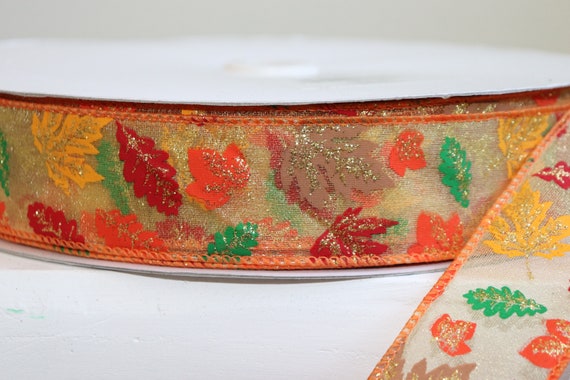 Sheer Gold Wired Ribbon, Fall Leaves Green Gold Orange Burgundy Brown 50 yards Wired, Autumn Decor, Harvest Craft Supply, 1.5 inch Ribbon Il_570xn