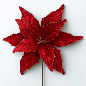 Red Velvet Poinsettia Stem, Christmas Glitter Flower Pick, Holiday Tree Accent, Traditional Floral Stem for Wreaths & Arrangements