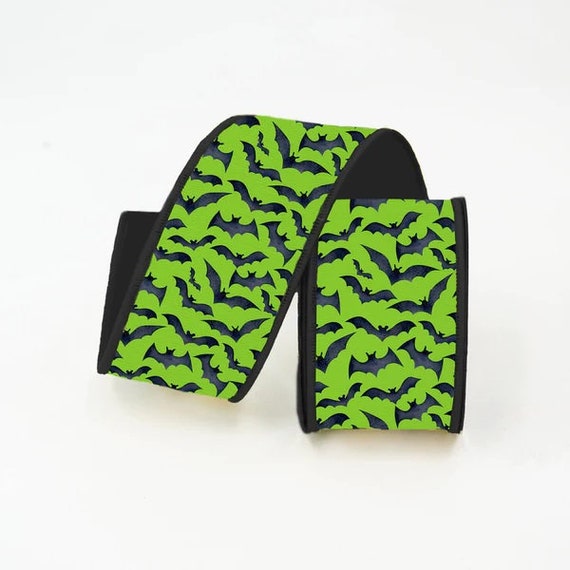 Black Bat Lime Green Halloween Ribbon, 10 yard wired ribbon, Craft