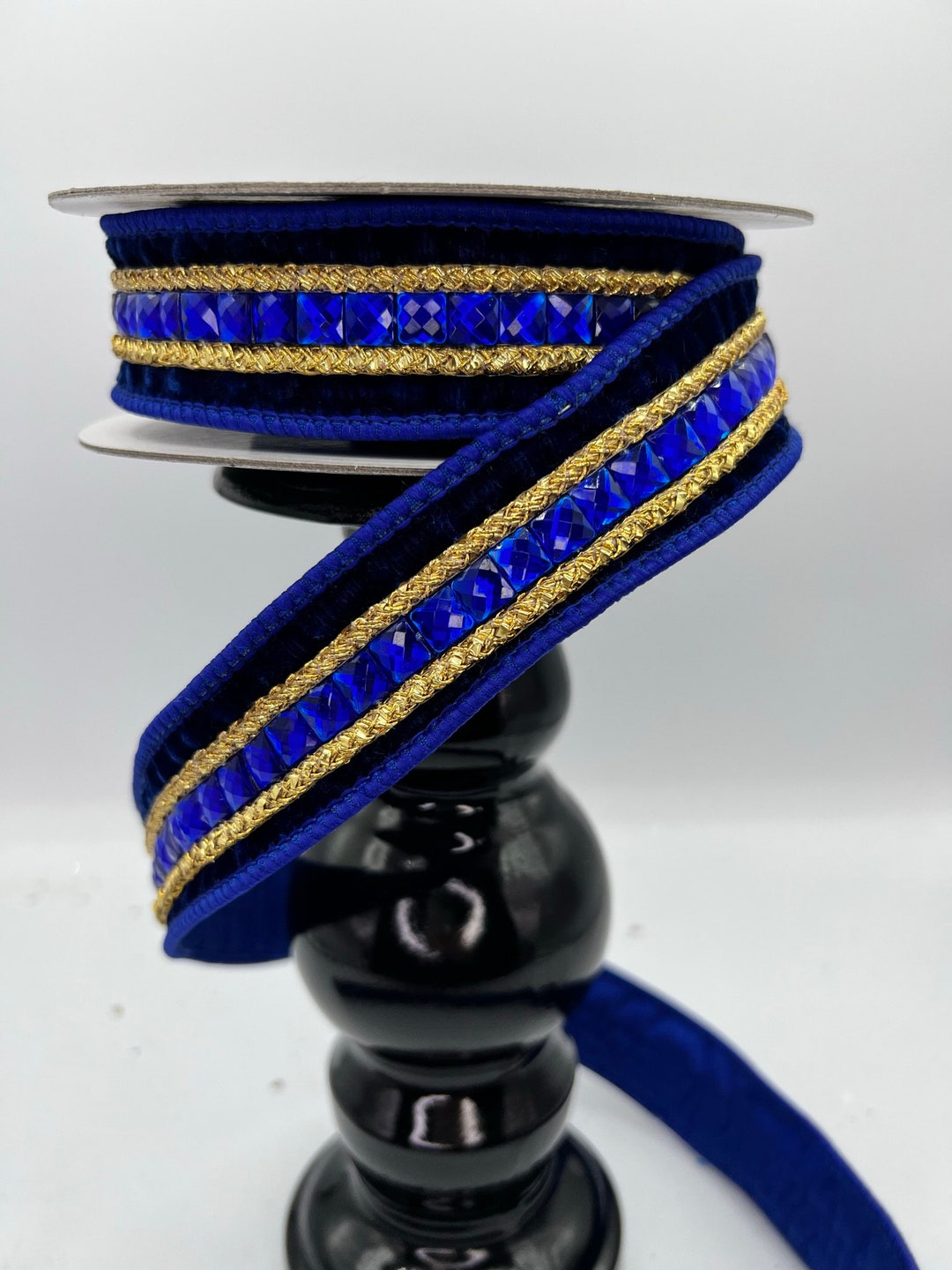 Jewled Ribbon Emerald Cut Jeweled Luxury Velvet Wired Edge Holiday Ribbon, Cobalt ...