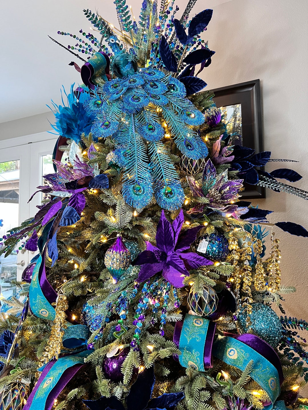 Christmas Concepts® Set Of 3-20cm (8 Inch) Peacock Christmas Tree Decorations - 1 Turquoise 1 Ice Blue 1 Purple