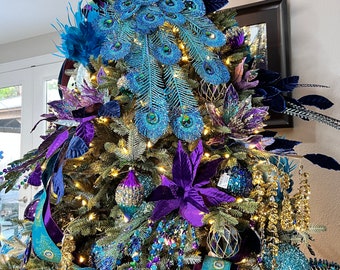 Peacock Christmas Tree Bundle Kit, Purple Blue Teal Green Tree Decor, Vibrant Colored Theme Tree Decorations, Christmas Tree Kit,