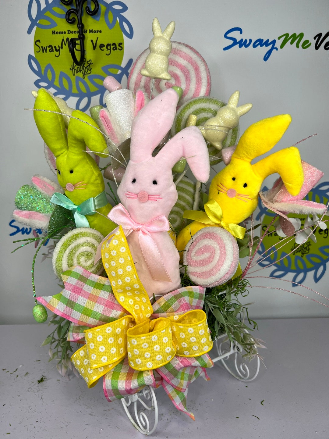 Easter Rabbit Basket Centerpiece, Bunny Table Arrangement, Mantle Decor