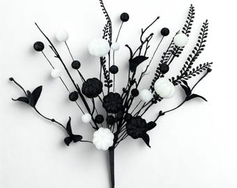 Gothic Halloween Floral Pick: Black, White Pumpkins - Spooky Wreath Stem