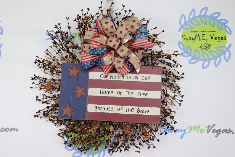 Patriotic Farmhouse Flag Wreath Military Americana Decorations July Fourth Wreath Pip Berry Rustic Decor Bless USA Independence Day