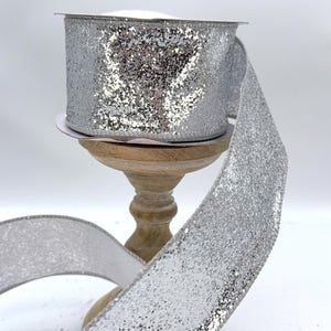 Silver Shimmer Glitter Wired Ribbon - 2.5 Inch, 10 Yard