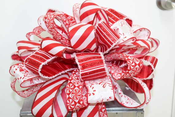 Candy Cane Christmas Tree Topper Bow Red White Striped Wired