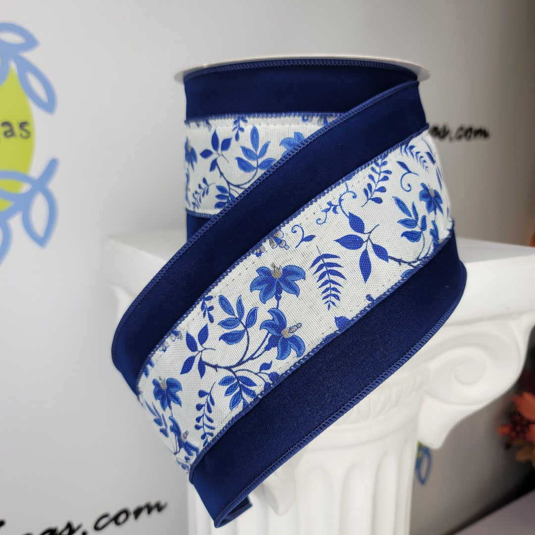 Floral Vine Velvet Wired Ribbon Blue White, Wired Ribbon, French