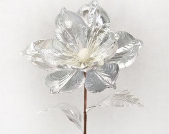 Silver Metallic Foil  Magnolia Floral Stem, Christmas Holiday Pick, Wreath supply, craft supply, Centerpiece floral,
