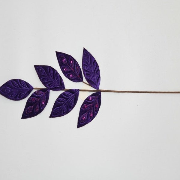 Purple Velvet Sequined  Leaf Christmas Tree Spray, Christmas pick, Holiday Decoration, Wreath Craft Supply, Tree Topper Decorations