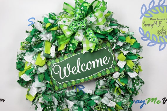 Welcome St Patrick S Day Fabric Wreath Green White Door Decor