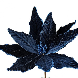 Royal Blue Velvet Poinsettia Stem: Christmas Floral Pick