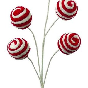 Red White Peppermint  Twirl Ball Pick Spray, Wreath Supply, Craft Supply,   Candy Cane decorations, Striped Ball Pick, Wreath Enhancements
