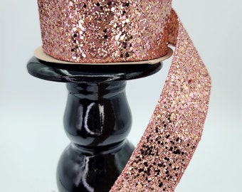 Rose Gold Glitter Wired Ribbon,  Holiday Ribbon, Tree Topper Decorations, Craft Supply, Wreath Supply, Valentines Ribbon, Metallic Rose Gold