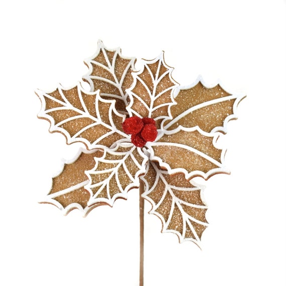 Gingerbread Poinsettia Floral Stem, Candy Themed Christmas Holiday Pick