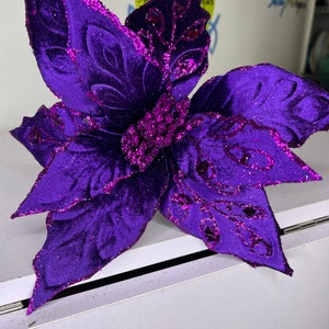 Purple Velvet Poinsettia Stem: Sequined Christmas Floral Pick