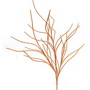 May include: A single, decorative stem with multiple thin, curving branches. The stem and branches are a warm, copper color and covered in glitter, creating a shimmering effect. The artificial plant is set against a plain white background.