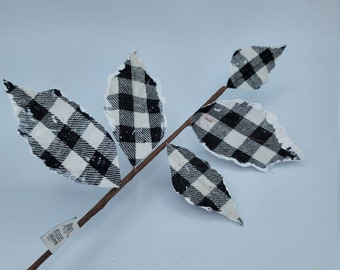 Black White  Plaid  Leaf Spray, Farmhouse Christmas spray, Holiday Decoration, Wreath Craft Supply, Tree Topper Decorations, Buffalo Check