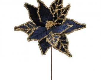 May include: A blue velvet poinsettia with gold glitter accents on a brown wire stem.