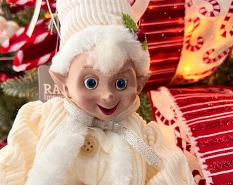 Posable Elf Christmas Figure,  Elf Wreath Attachment,  Winter Plush Wreath, Christmas Plush Wreath Supply, Craft Supply, White Elf Bells