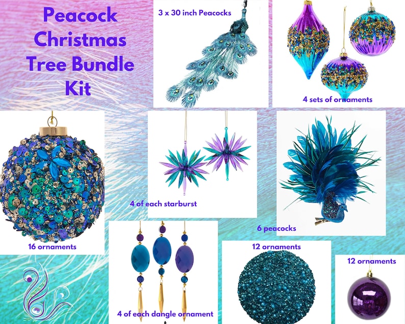 Peacock Christmas Tree Bundle Kit, Purple Blue Teal Green Tree Decor, Vibrant Colored Theme Tree Decorations, Christmas Tree Kit, image 4