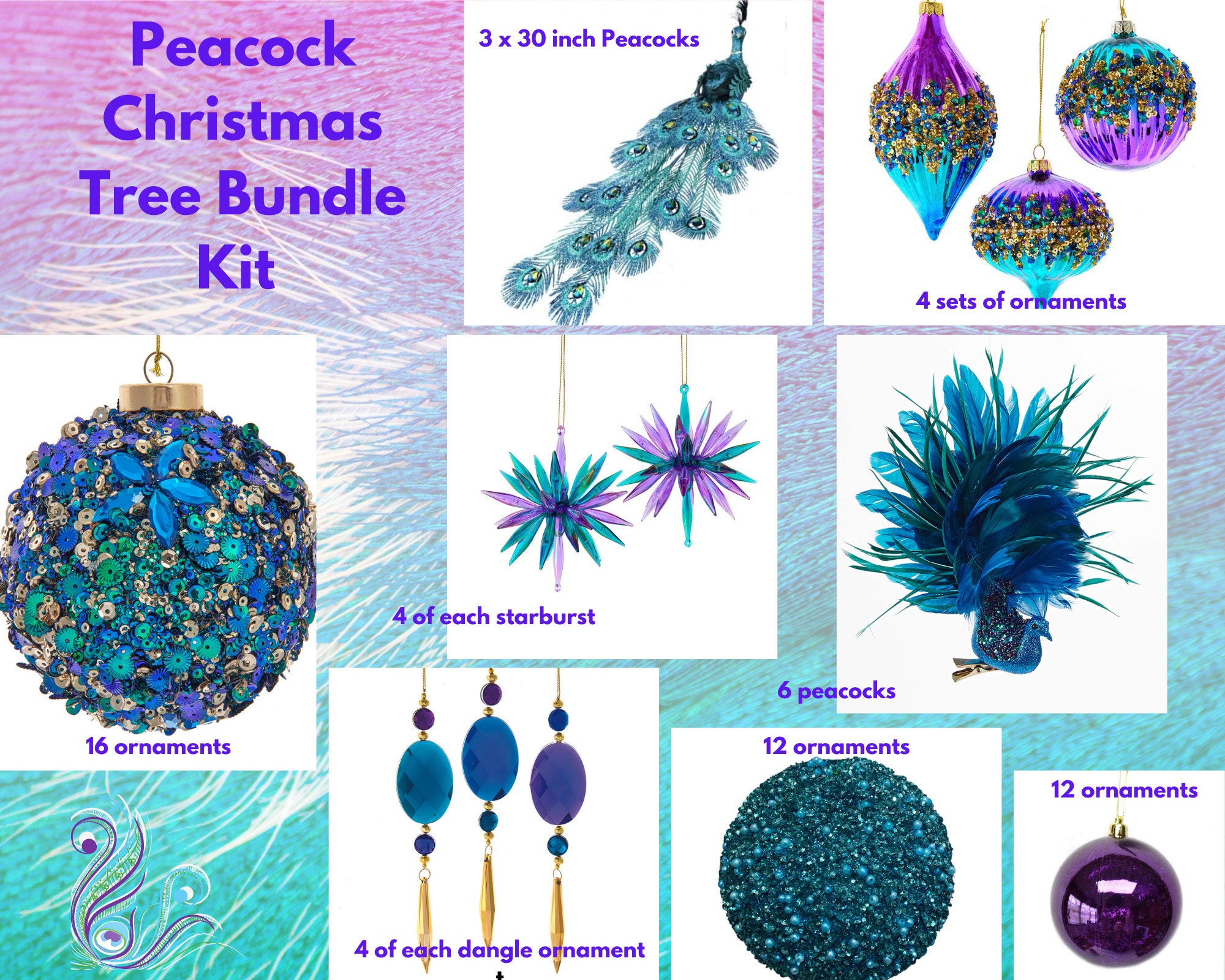 12 Glittered Purple & Blue Jeweled Peacock Clip On Christmas Ornament