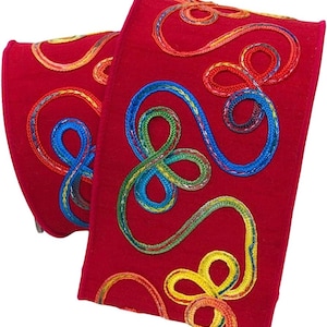 Whimsical Red Wired Edge Holiday Ribbon, Christmas Ribbon, Everyday Ribbon, Craft Supply, Bows, Swirl Rainbow Embroidered Ribbon