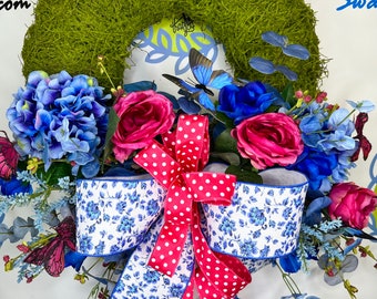Spring Pink and  Blue Floral Moss Wreath , Flower Door Decoration, Easter Door Decor, Flower Arrangement, Butterfly Summer Wreath