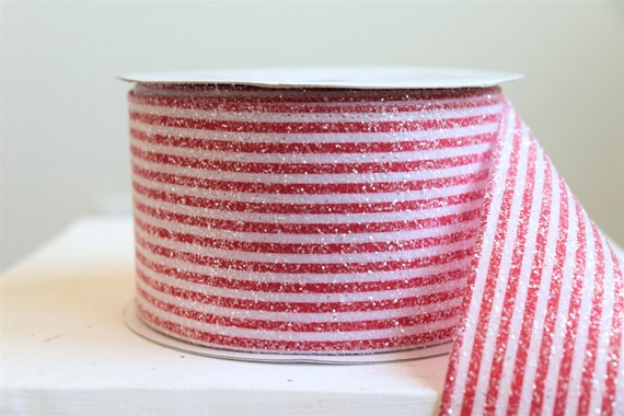 Red White Striped Candy Cane Ribbon, Sparkly Wired Ribbon, Christmas Decor, 10 yards ribbon roll, craft supply, Tree Topper, Peppermint Bow Il_570xn